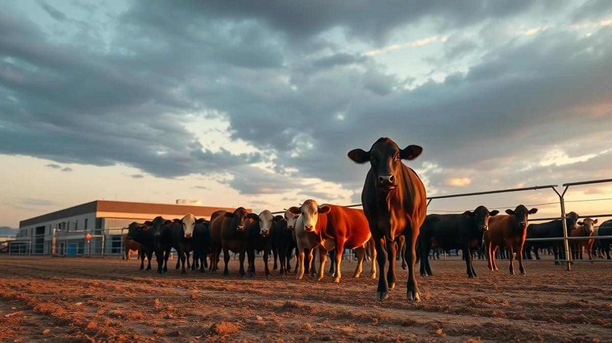 Cattle in a feedlot with a dramatic sky, representing the livestock market.