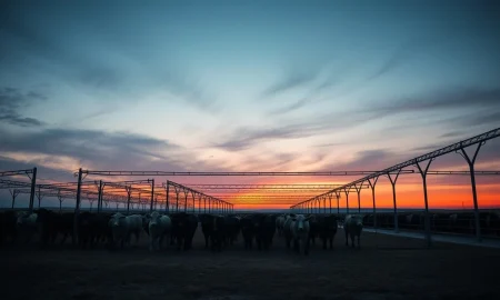 Cattle in a feedlot as futures prices extend their decline.