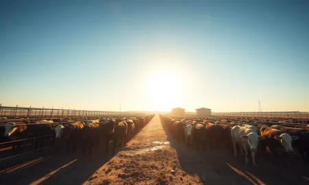 Cattle in a feedlot with futures market data overlay.