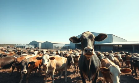 Cattle in a feedlot with futures price chart overlay.