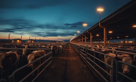 Cattle in a feedlot with futures price charts overlaid in the background.
