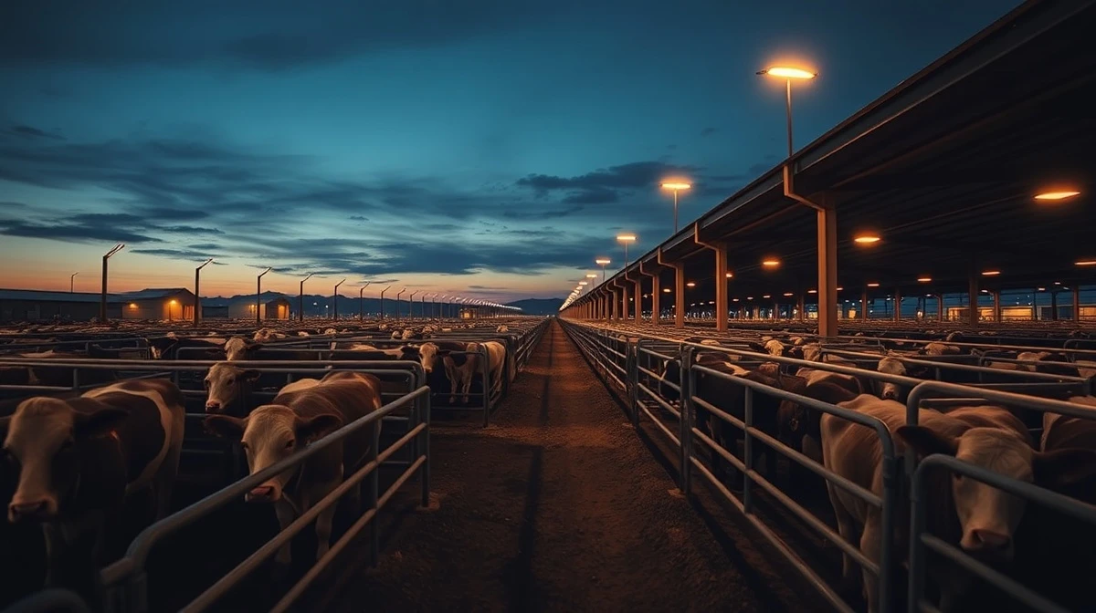 Cattle in a feedlot with futures price charts overlaid in the background.