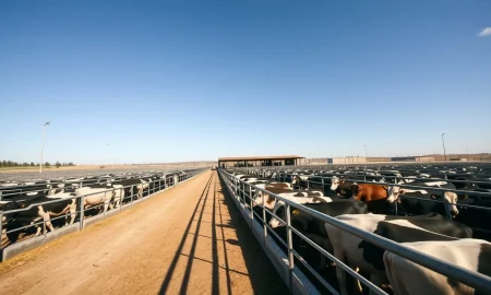 Cattle in a feedlot with futures market data overlay.
