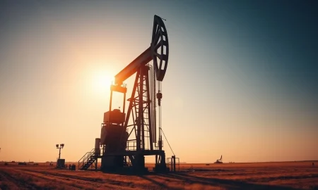 Oil drilling rig at sunset representing Chevron and Exxon's core business.