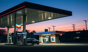 A Chevron gas station at dusk, representing the energy company's stock price target increase.