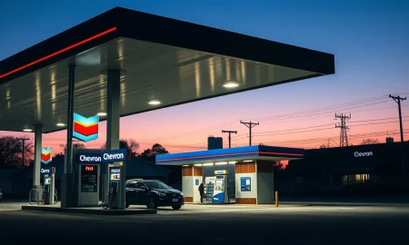 A Chevron gas station at dusk, representing the energy company's stock price target increase.