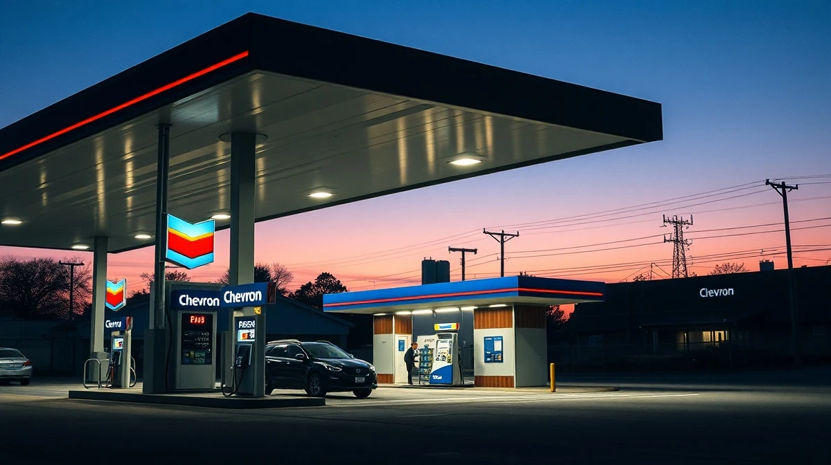 A Chevron gas station at dusk, representing the energy company's stock price target increase.