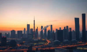 A city skyline in China with industrial infrastructure, representing economic and energy pressures.