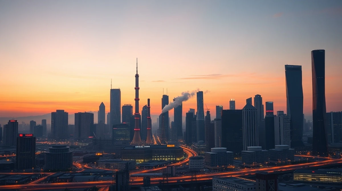 A city skyline in China with industrial infrastructure, representing economic and energy pressures.