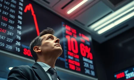 A trader reacts as Circle's stock price drops 10% on a financial screen.