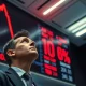 A trader reacts as Circle's stock price drops 10% on a financial screen.