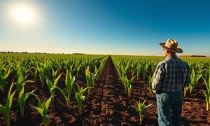 Farmer standing in a cornfield with young plants under a blue sky, representing strong corn planting progress.