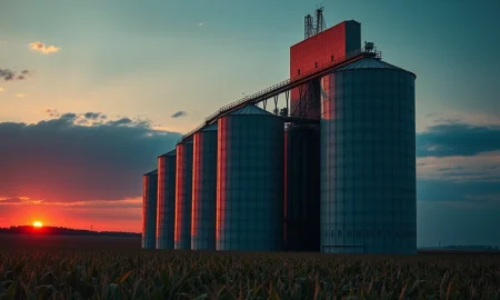 A grain elevator and corn field at dusk, representing the agricultural commodity market.