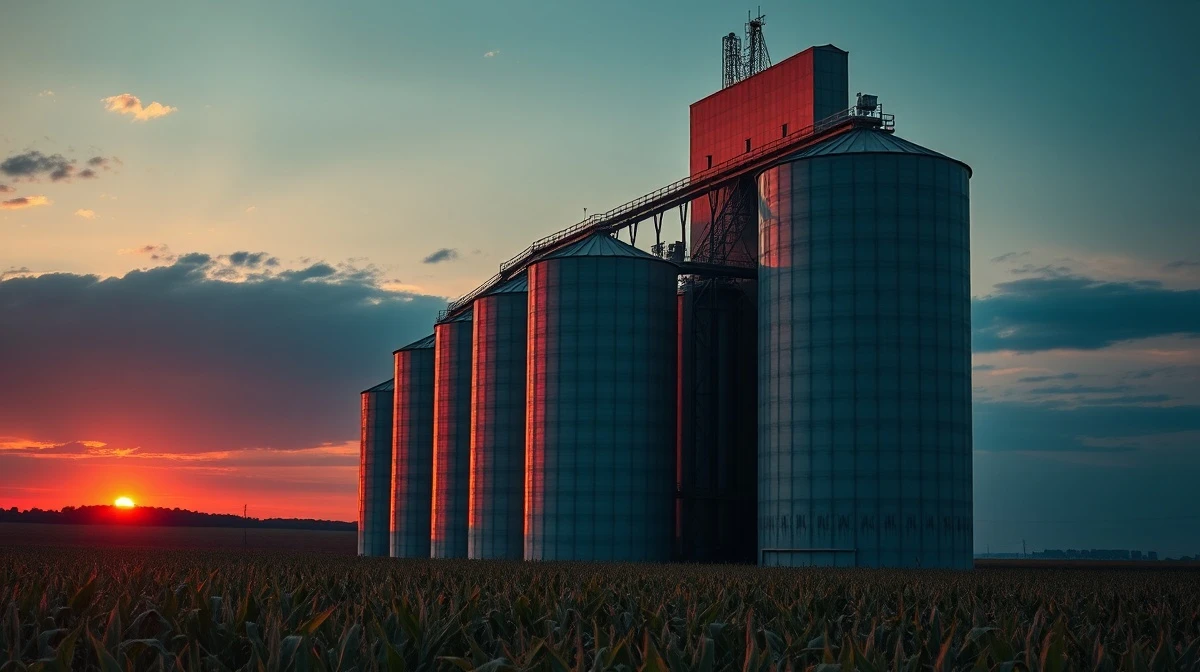 A grain elevator and corn field at dusk, representing the agricultural commodity market.