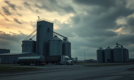 Grain elevator at dusk as corn futures prices decline ahead of key USDA report.