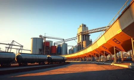 Grain elevator and train cars at a port, representing corn export infrastructure.