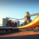 Grain elevator and train cars at a port, representing corn export infrastructure.