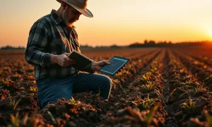 A farmer checks a tablet in a field with data on corn futures and planting progress.