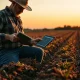 A farmer checks a tablet in a field with data on corn futures and planting progress.