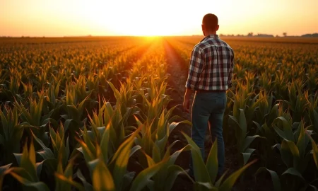 A cornfield at dusk, representing the agricultural commodity market.