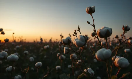 A cotton field at dusk with mature bolls, representing commodity market pressures.