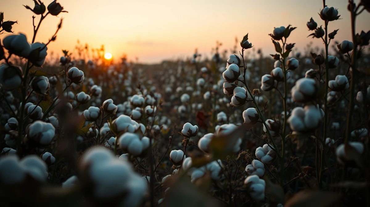 A cotton field at dusk, representing the commodity market discussed in the article.