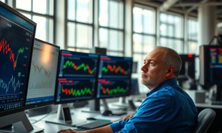 A trader monitors commodity futures prices on a financial trading floor.