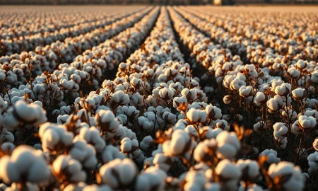 A cotton field at harvest time, representing the agricultural commodity market.