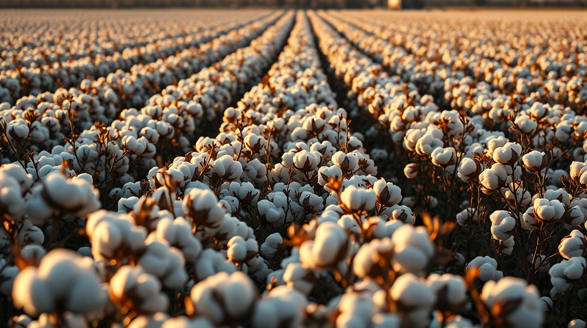 A cotton field at harvest time, representing the agricultural commodity market.