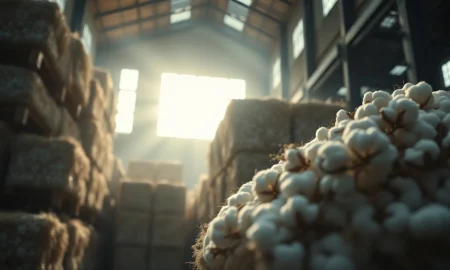 Cotton bales in a warehouse, representing the commodity futures market.
