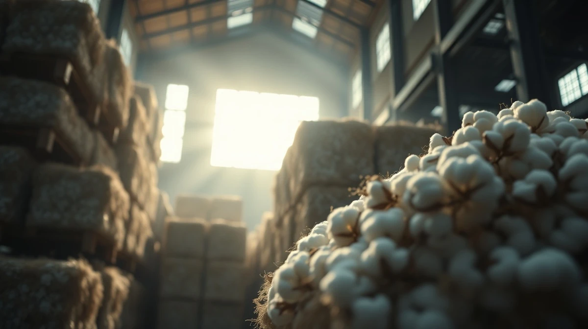 Cotton bales in a warehouse, representing the commodity futures market.