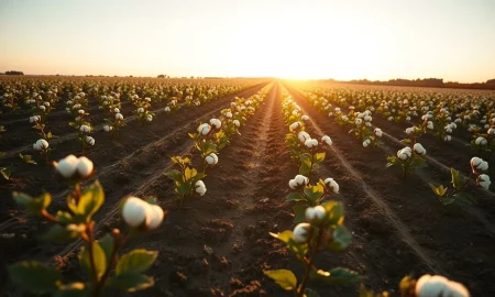 A cotton field showing early season planting progress.