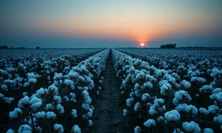 A cotton field at dusk, representing the agricultural commodity market.