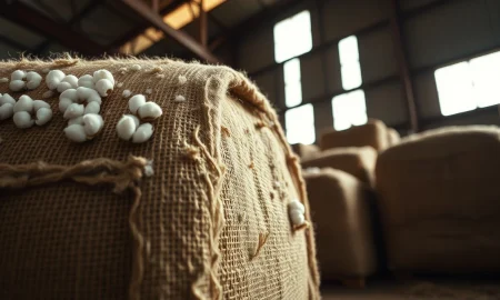 A bale of cotton in a warehouse, representing commodity futures trading.