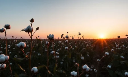 Cotton field at sunset with cotton bolls on plants