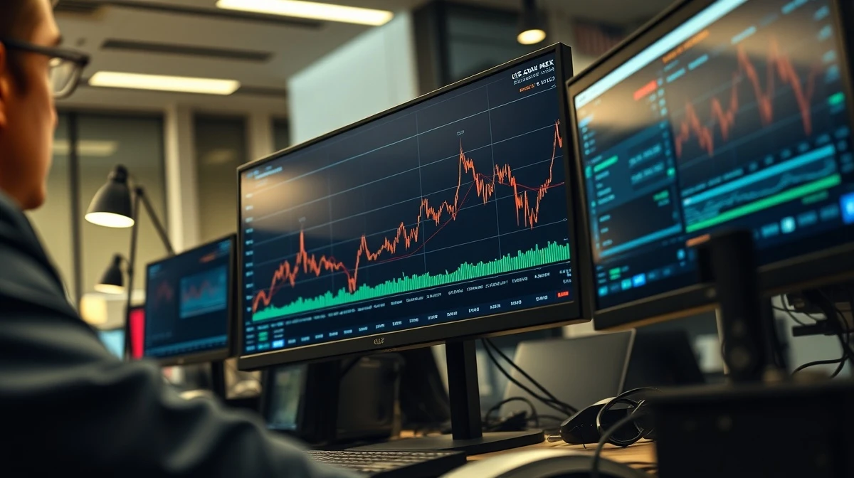 A trader monitors a chart showing the US Dollar Index rising sharply above the 100.00 level.