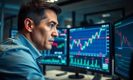 A trader analyzes EUR/JPY currency charts on a trading terminal screen.