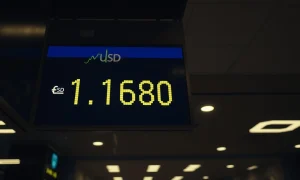 EUR/USD exchange rate display showing a decline below 1.1700 after Federal Reserve decision