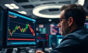 A trader monitors a forex chart showing the EUR/USD currency pair on a financial terminal.