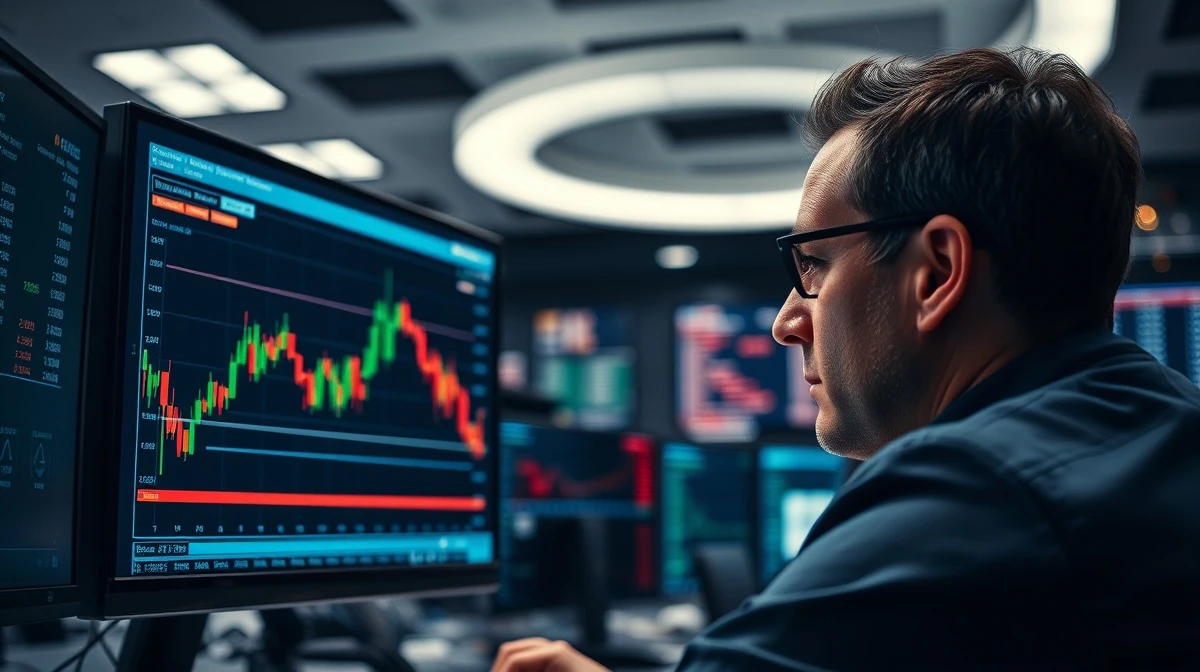 A trader monitors a forex chart showing the EUR/USD currency pair on a financial terminal.
