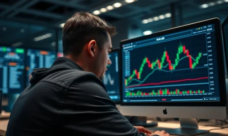 A trader monitors a forex chart showing the EUR/USD exchange rate falling.