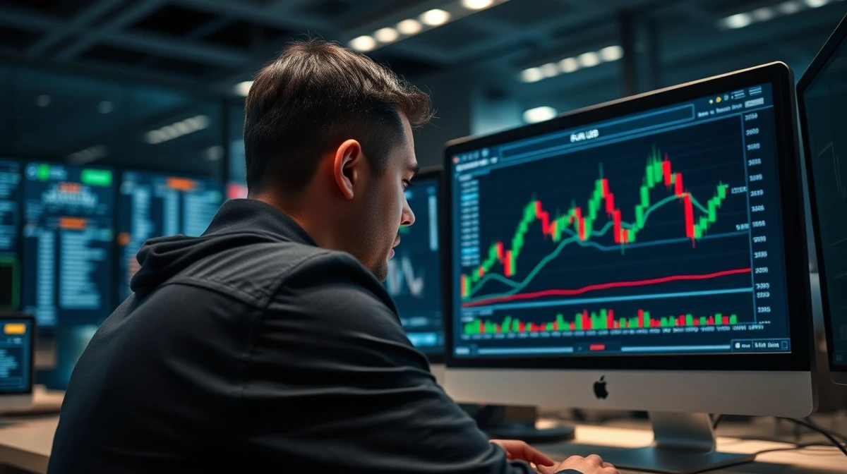 A trader monitors a forex chart showing the EUR/USD exchange rate falling.