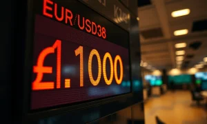 EUR/USD exchange rate display showing near 1.1700 level on trading floor board.