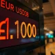 EUR/USD exchange rate display showing near 1.1700 level on trading floor board.