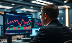 A financial trader monitors a forex chart showing the EUR/USD currency pair.