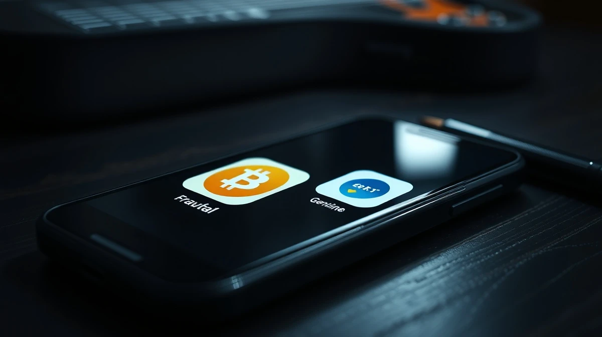 Smartphone screen showing a fake Ledger app icon, representing the cryptocurrency wallet scam.
