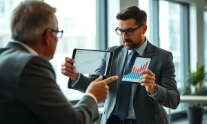 A financial advisor discusses investment options with a client, reviewing data on a tablet.