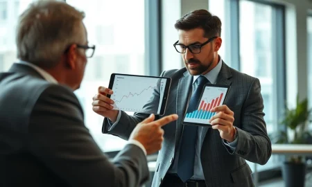 A financial advisor discusses investment options with a client, reviewing data on a tablet.