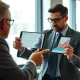 A financial advisor discusses investment options with a client, reviewing data on a tablet.