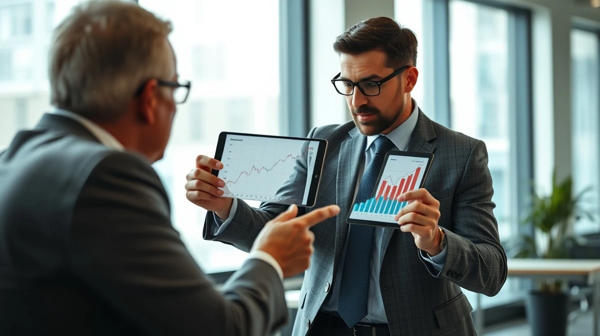 A financial advisor discusses investment options with a client, reviewing data on a tablet.